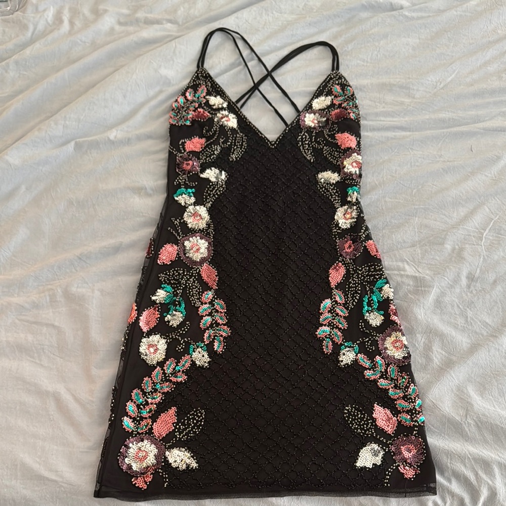 Black and Pink Embellished Mini Dress with Spaghetti Straps